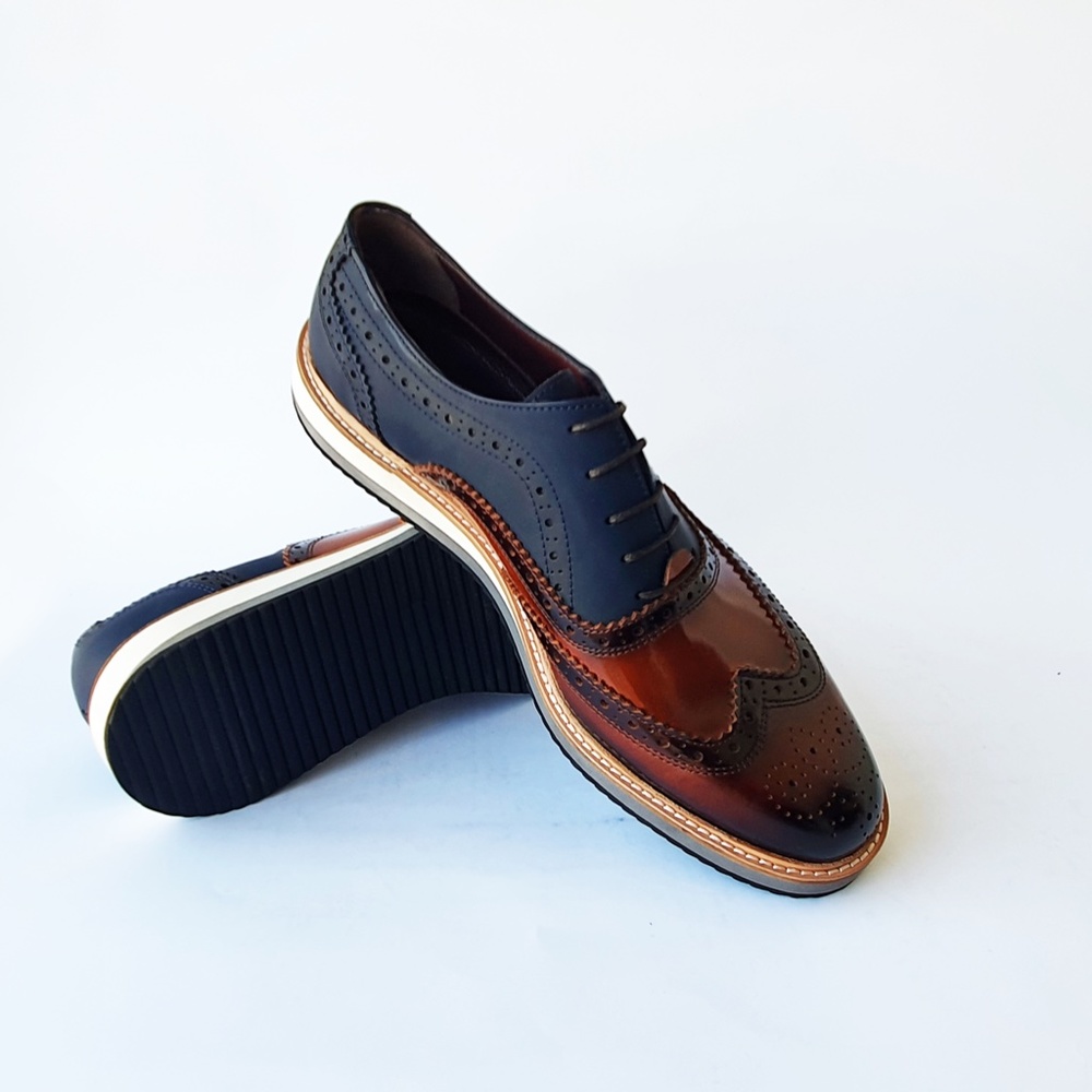 Zoppo Brown-Navy Blue Men's Wingtip Genuine Leather Oxford Dress Shoes - Picture 5 of 5